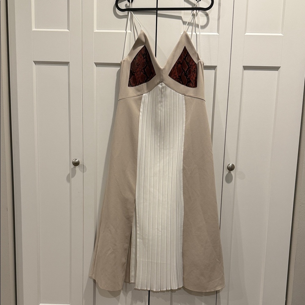 Zara Beige and White Midi Dress with Red Accents